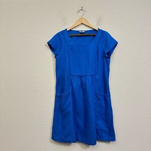 BODEN Alberta Linen Dress Blue Shift Short Sleeve Babydoll Scallop